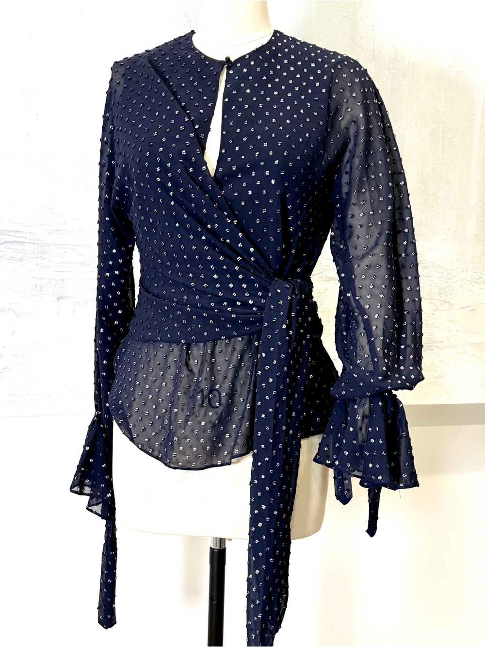 Jonathan Simkhai Blue Wrap Blouse with Metallic Dot Detail